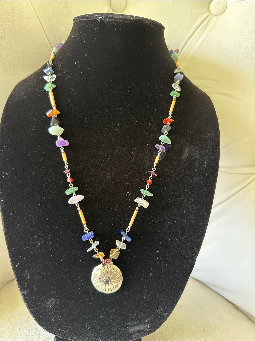 Silver -Tone Multicolor Bead Pendant Necklace